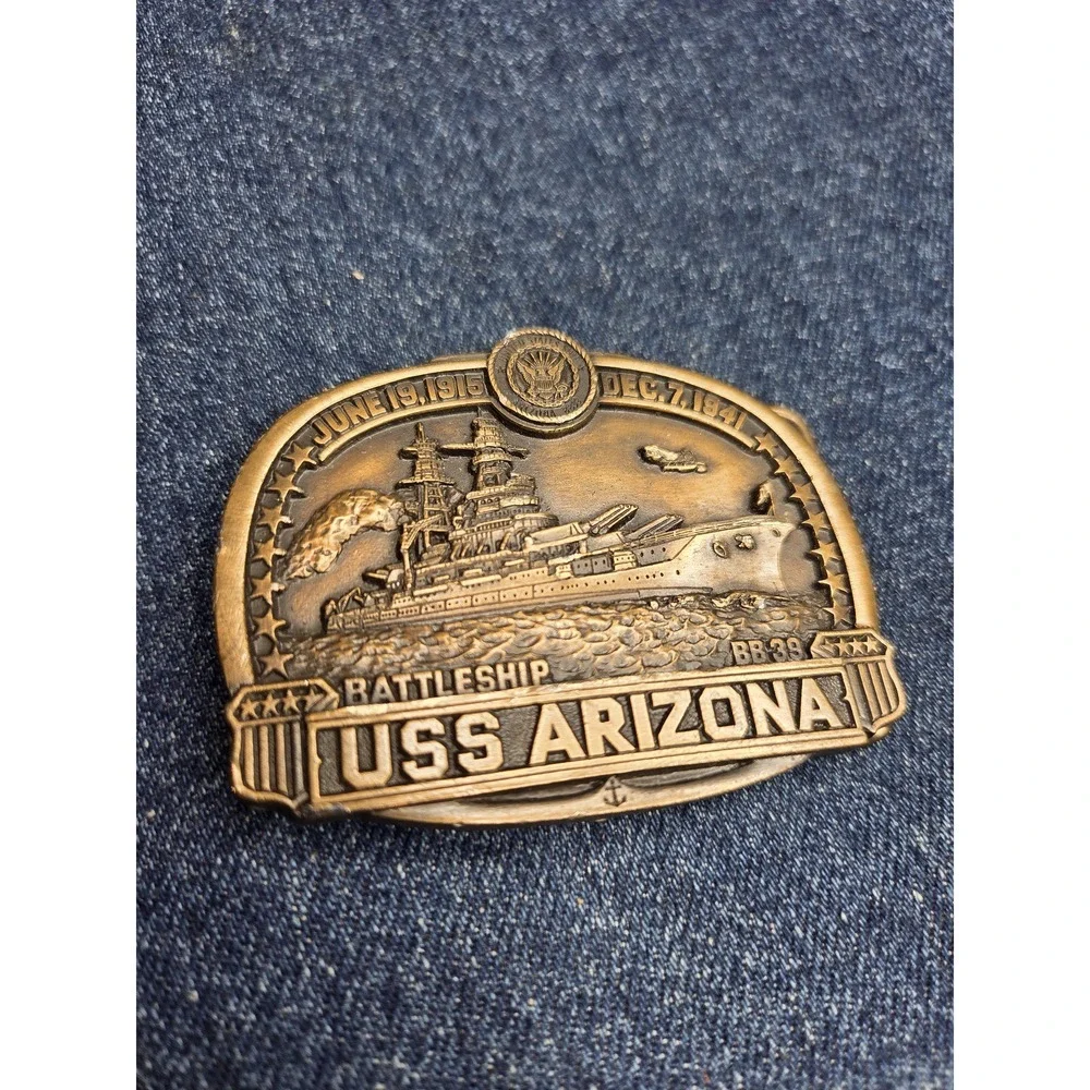 USS Arizona Commemorative Brass Battleship Belt Buckle - RARE